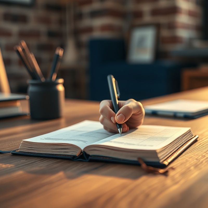 Detal biurka doradcy z notatnikiem i piórem